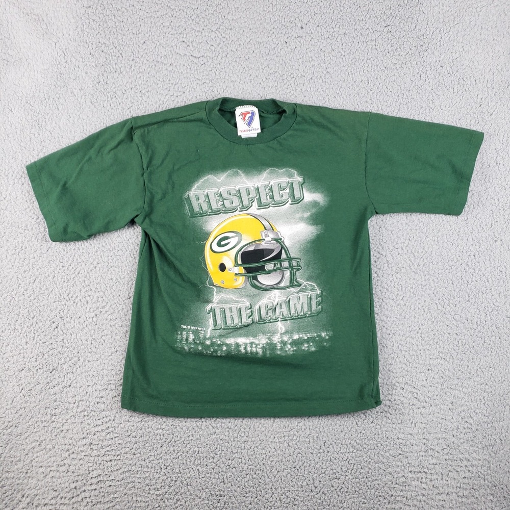 Vintage Green Bay Packers Shirt Youth 10/12‎ Green 1997 Spell Out Logo 90s USA